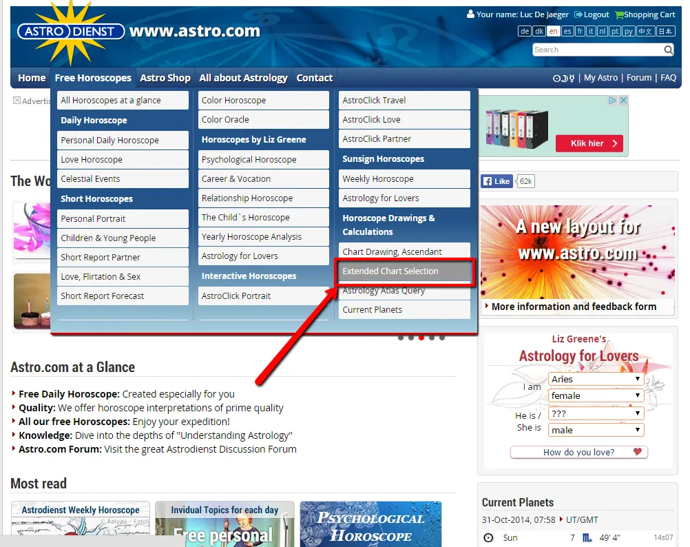 Website Astrodienst extended chart selection