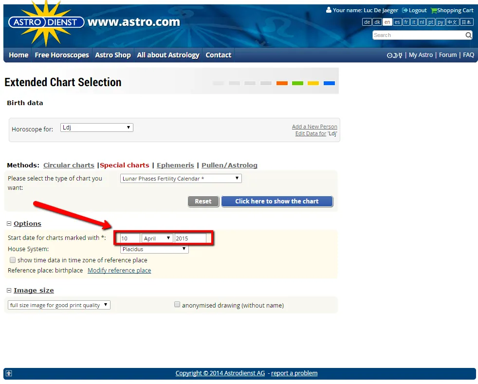 Website Astrodienst Lunar Phases Fertility Calendar selection - entering start date option