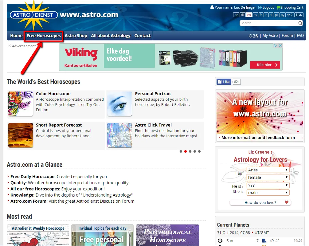 Astrodienst (astro.com) homepage