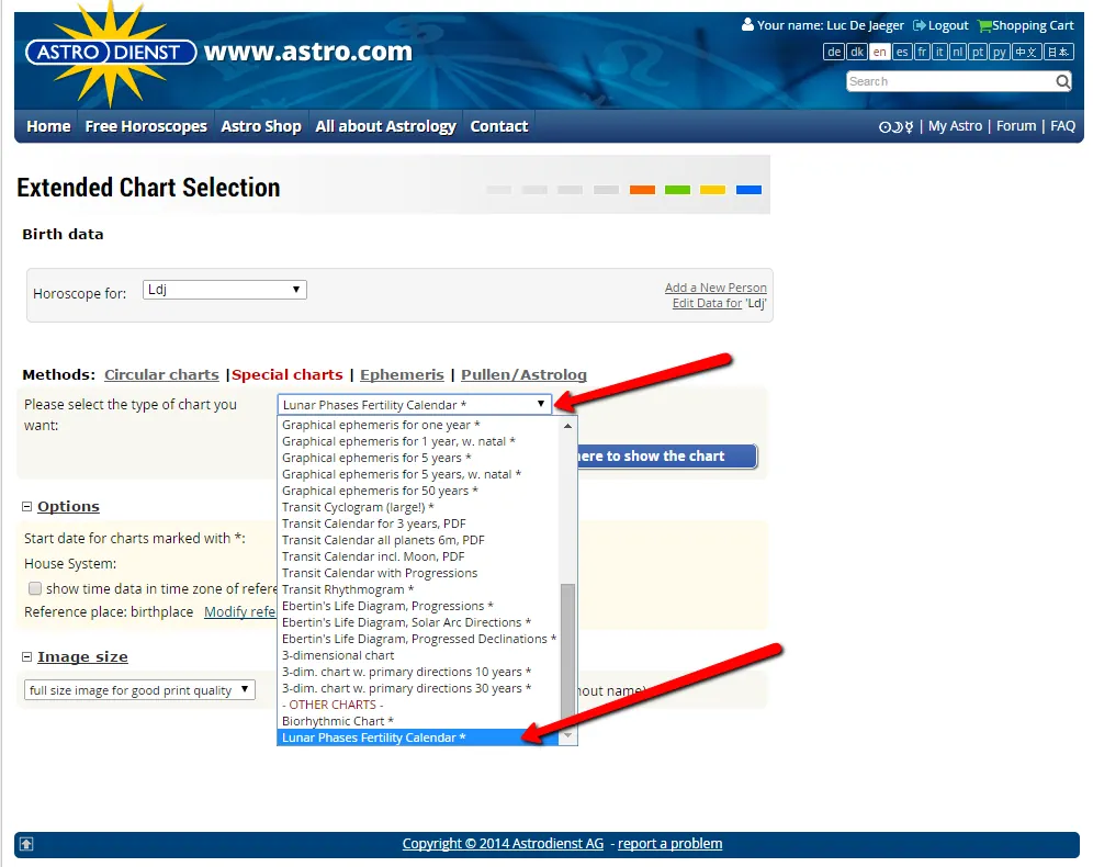 Website Astrodienst Lunar Cycle Fertility charts selection