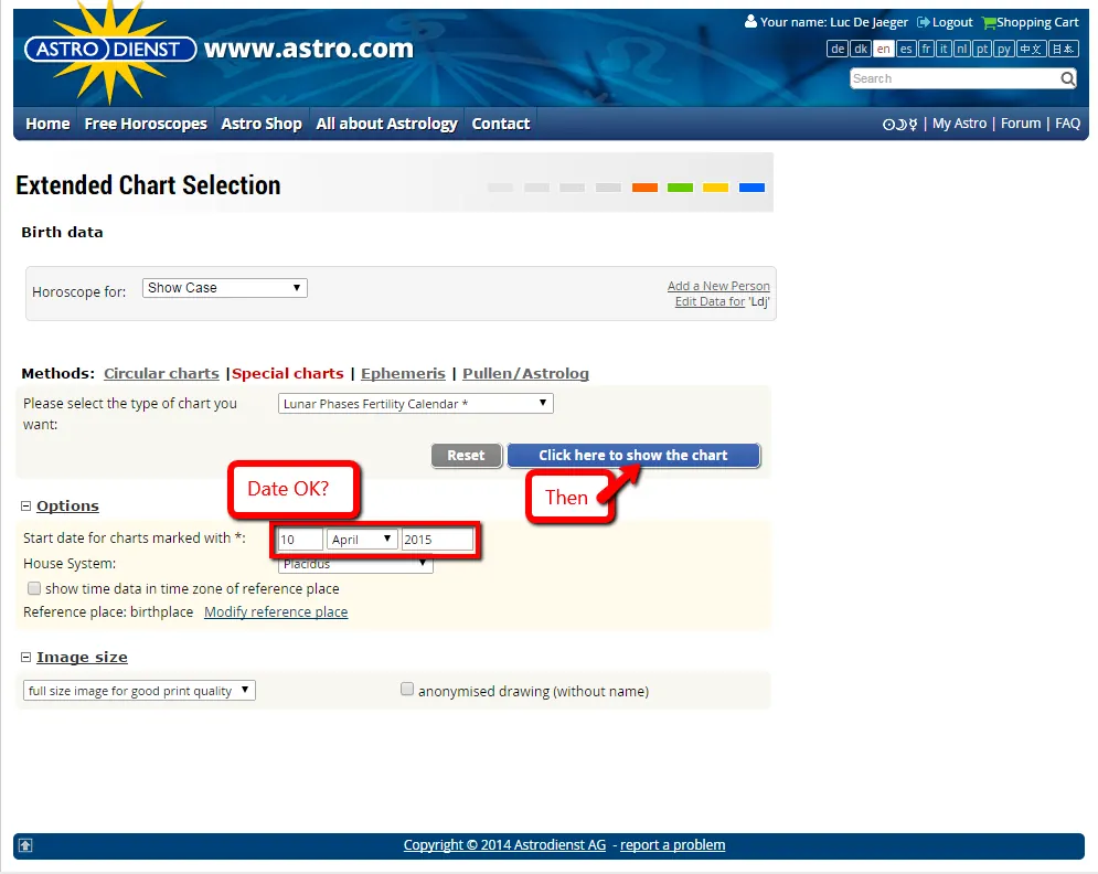 Website Astrodienst Lunar Phases Fertility Calendar - show chart option