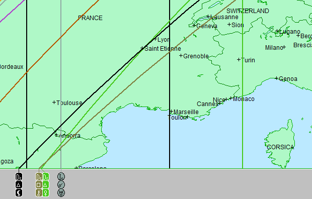 Example of an astromap (astrocartography) with a difficult Venus line